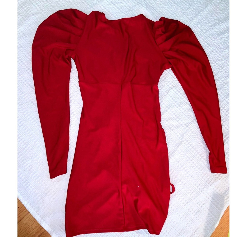 Red Long Sleeve Mini Dress Sz S‎ Ruched Bodycon V Neck Party Cocktail homecoming